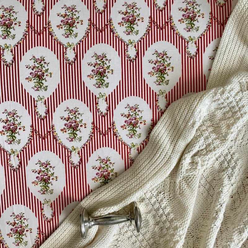 Gorgi French Scarlet Stripe and Flowers Cotton Print Cot Fitted Sheet