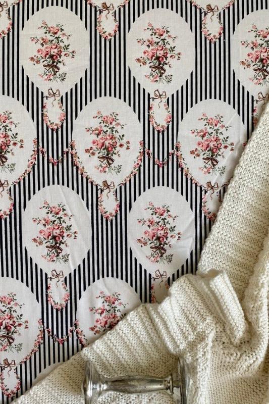 Gorgi French Black Stripe and Flowers Cotton Print Cot Fitted Sheet