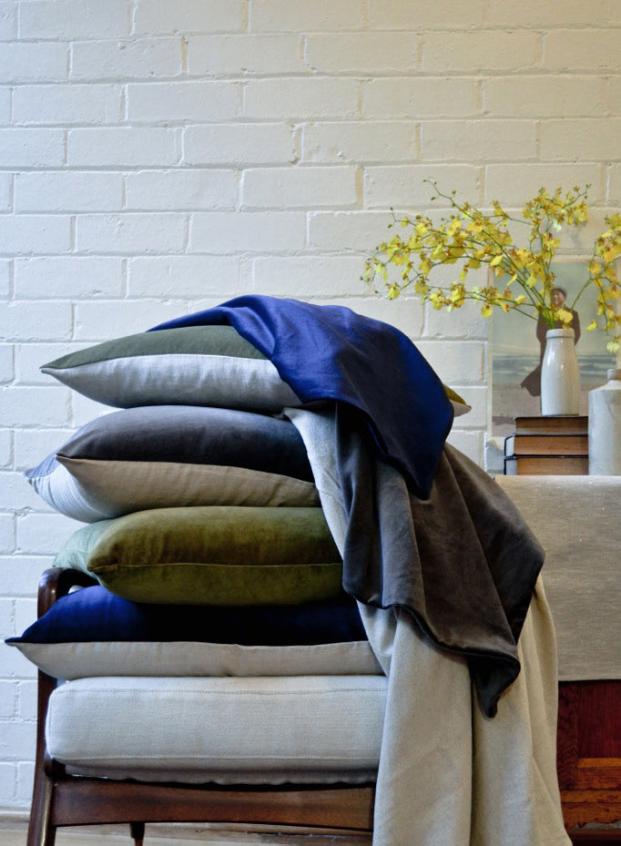 Gorgi Oversized Velvet Cushion in Moss with Linen Backing