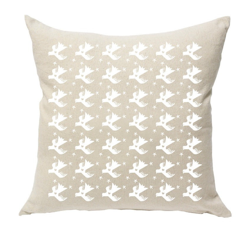 Gorgi Love Us Don't Hunt Us Wood Pigeons in White Ink on Natural Linen